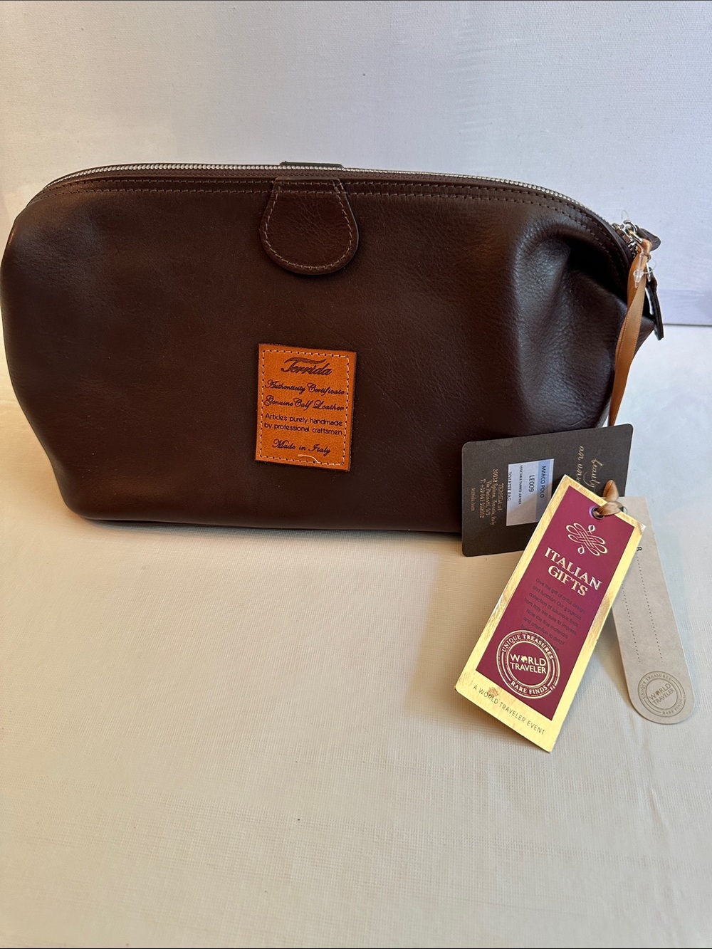 Terrida Genuine Calf Leather Toiletry Travel Bag Made in Italy Brown Zip Top NWT